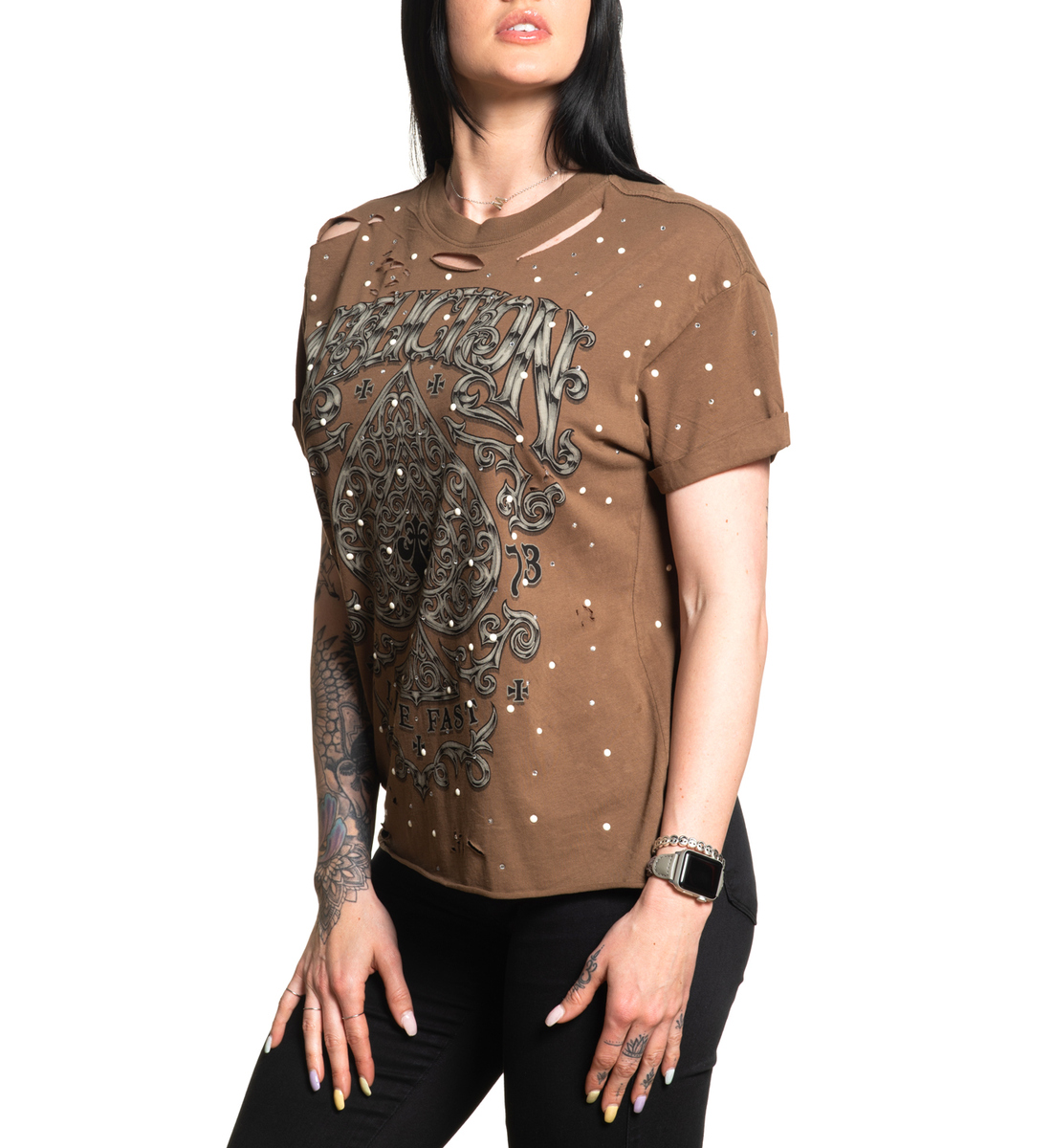 T-shirt Voor Dames AFFLICTION - POLARIS - COFFEE LIQUEUR L